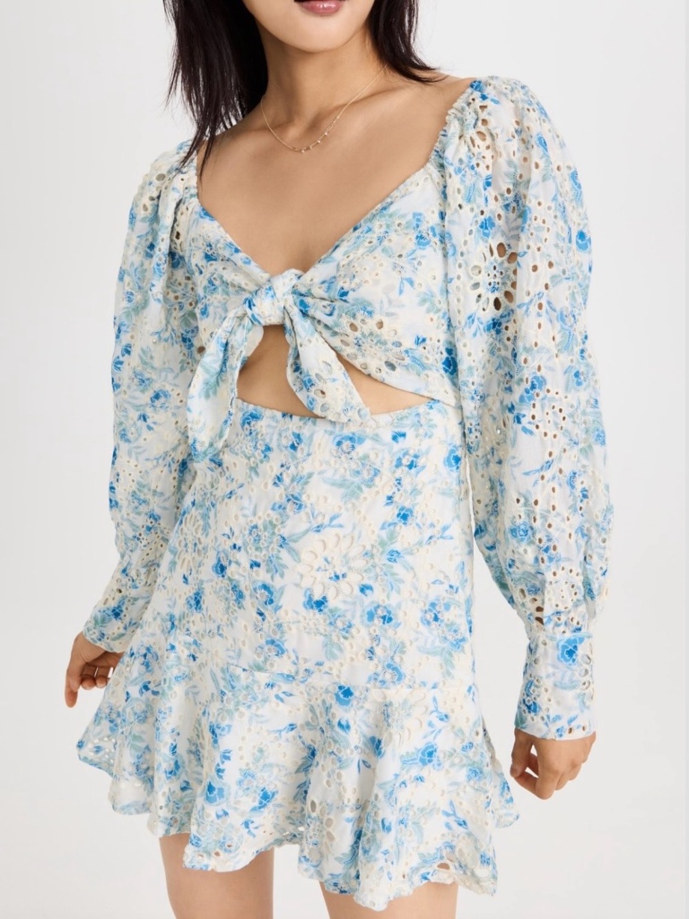 En Saison Claire Eyelet Mini Dress Puff Sleeve Blue White S - Picture 2 of 10